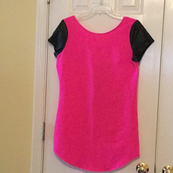 Neon pink Dress with Vegan Leather sleeves - Picture 2 of 3